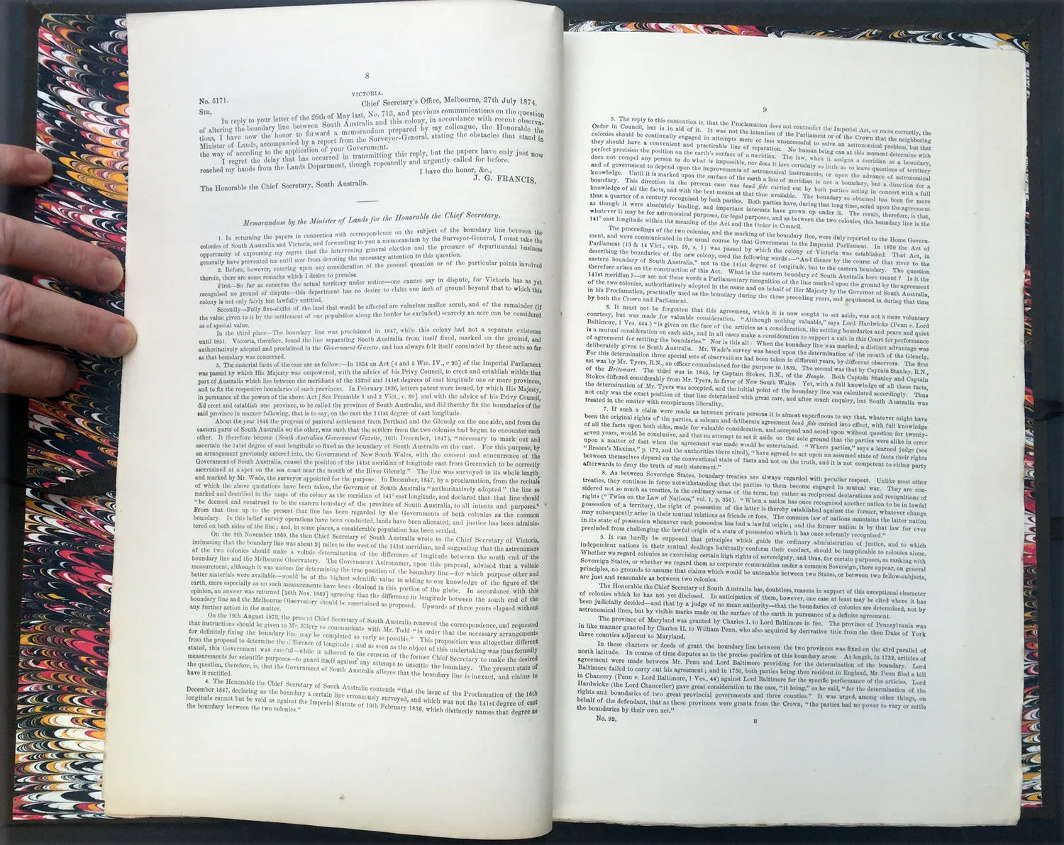 1874 Colonial Govt. Text & Maps on Boundary between South Australia & Victoria