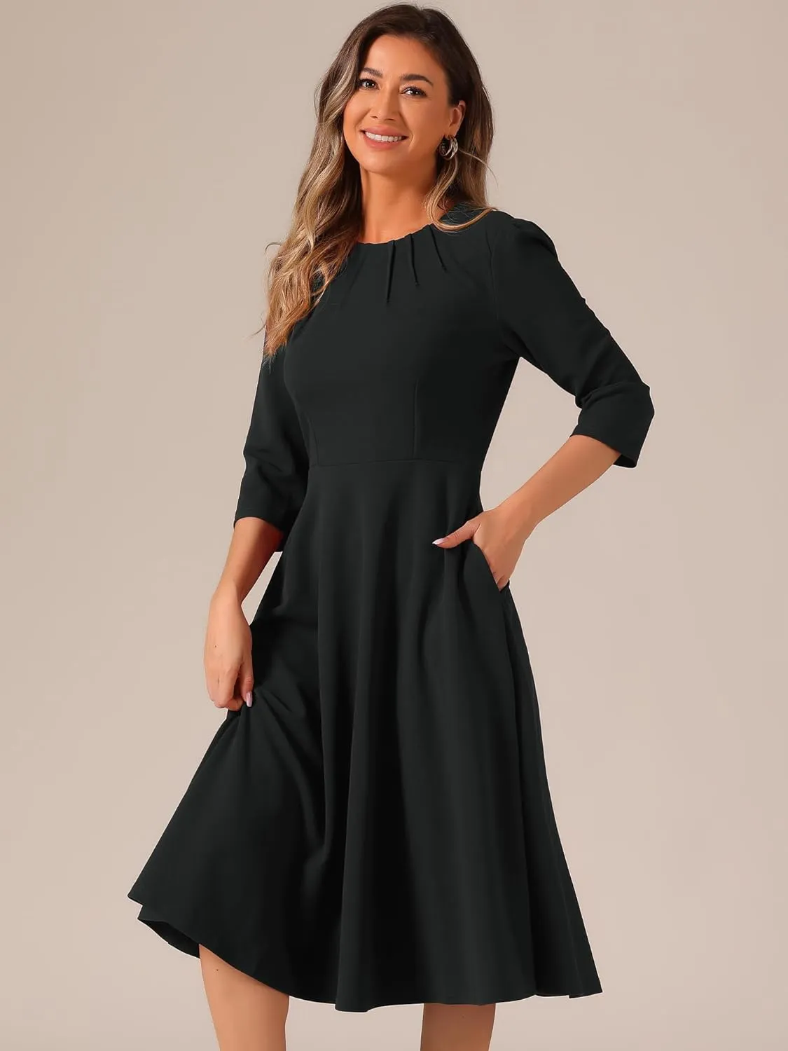 Allegra K Elegant Work Dress for Women's 3/4 Sleeve Round Neck Pockets Vintage A-Line Swing Midi Dress