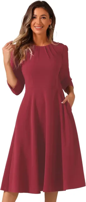 Allegra K Elegant Work Dress for Women's 3/4 Sleeve Round Neck Pockets Vintage A-Line Swing Midi Dress