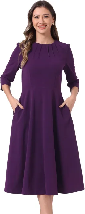 Allegra K Elegant Work Dress for Women's 3/4 Sleeve Round Neck Pockets Vintage A-Line Swing Midi Dress