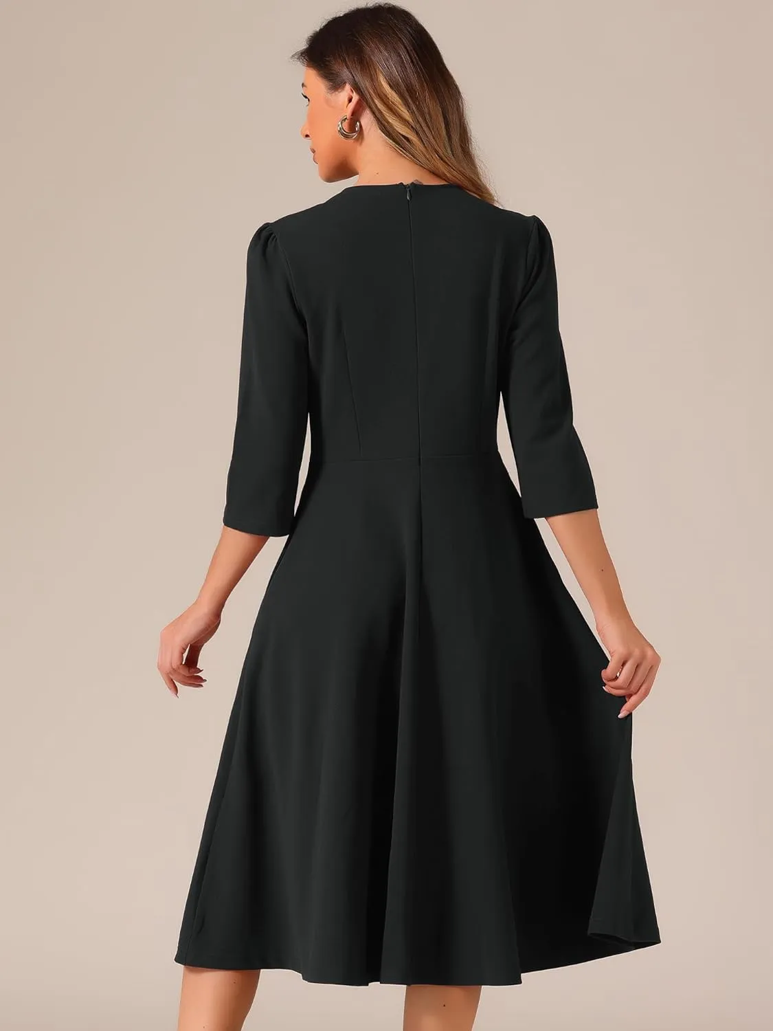 Allegra K Elegant Work Dress for Women's 3/4 Sleeve Round Neck Pockets Vintage A-Line Swing Midi Dress