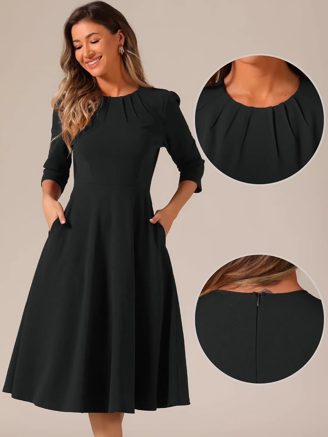 Allegra K Elegant Work Dress for Women's 3/4 Sleeve Round Neck Pockets Vintage A-Line Swing Midi Dress