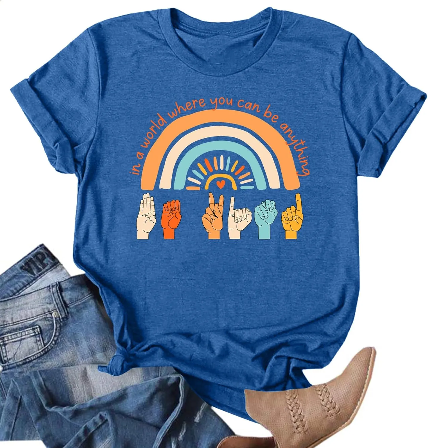 Be Kind Shirt Women Sign Language Hand Graphic Tee Shirts Kindness Rainbow Shirts Short Sleeve Inspirational Tee Tops