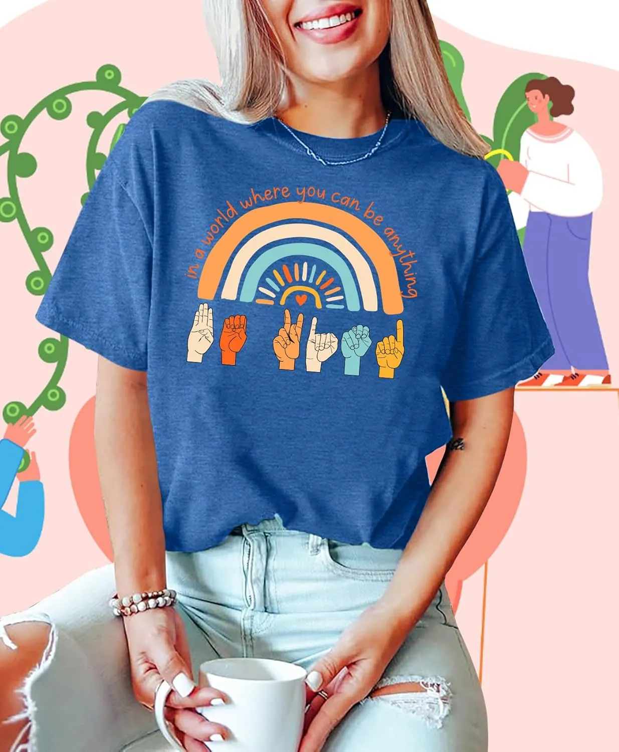 Be Kind Shirt Women Sign Language Hand Graphic Tee Shirts Kindness Rainbow Shirts Short Sleeve Inspirational Tee Tops
