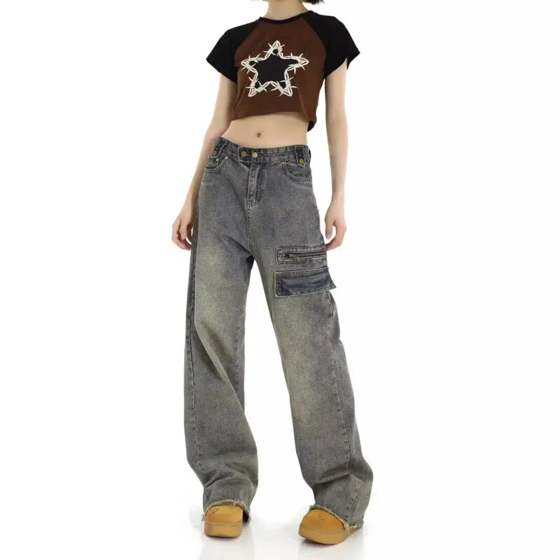 deanwangkt Hong Kong Style Retro High Waisted Workwear Jeans, Women's Summer New Unique Design, Straight Pocket, Floor Long Pants