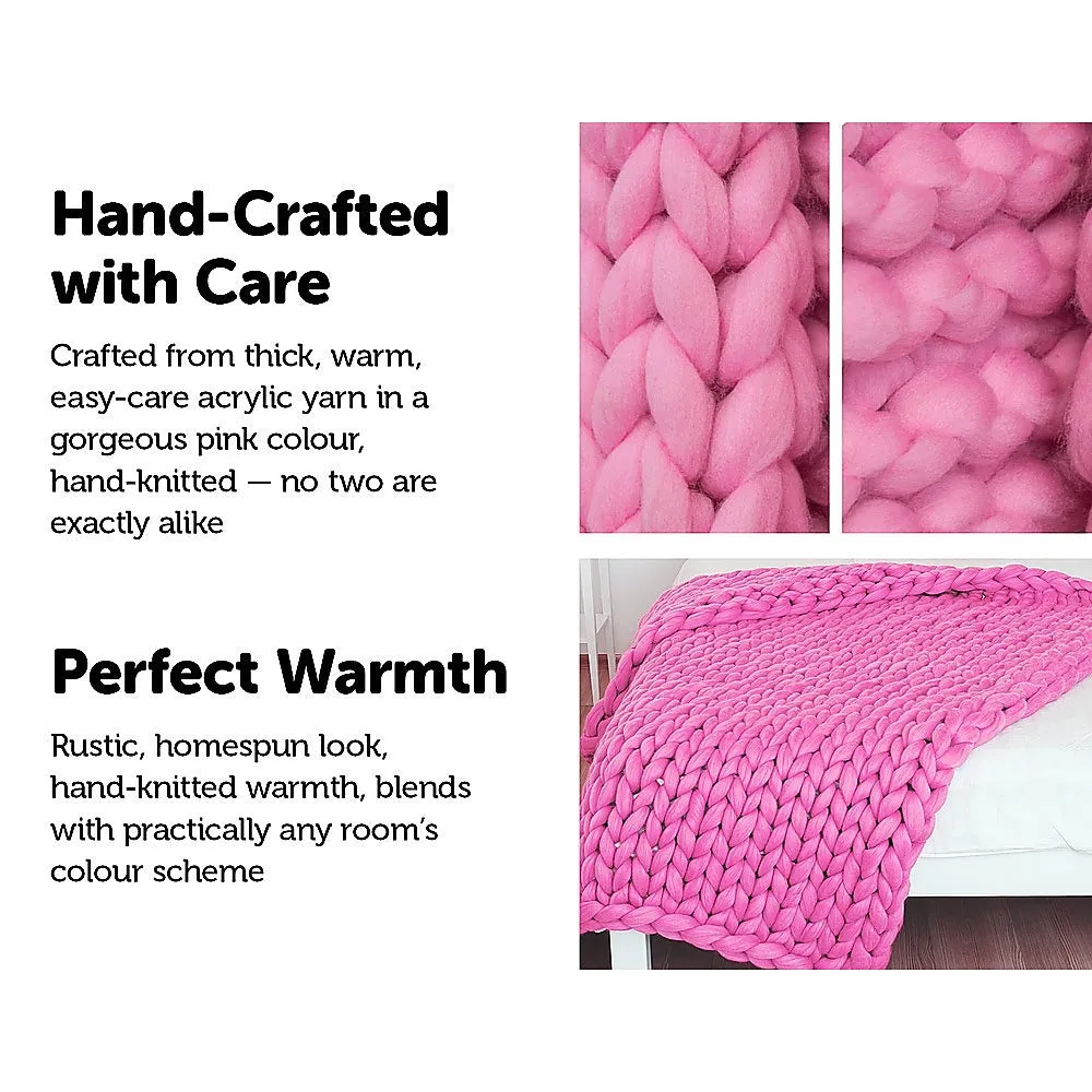 Hand-Knitted Thick Pink Acrylic Yarn Blanket, 120x180cm