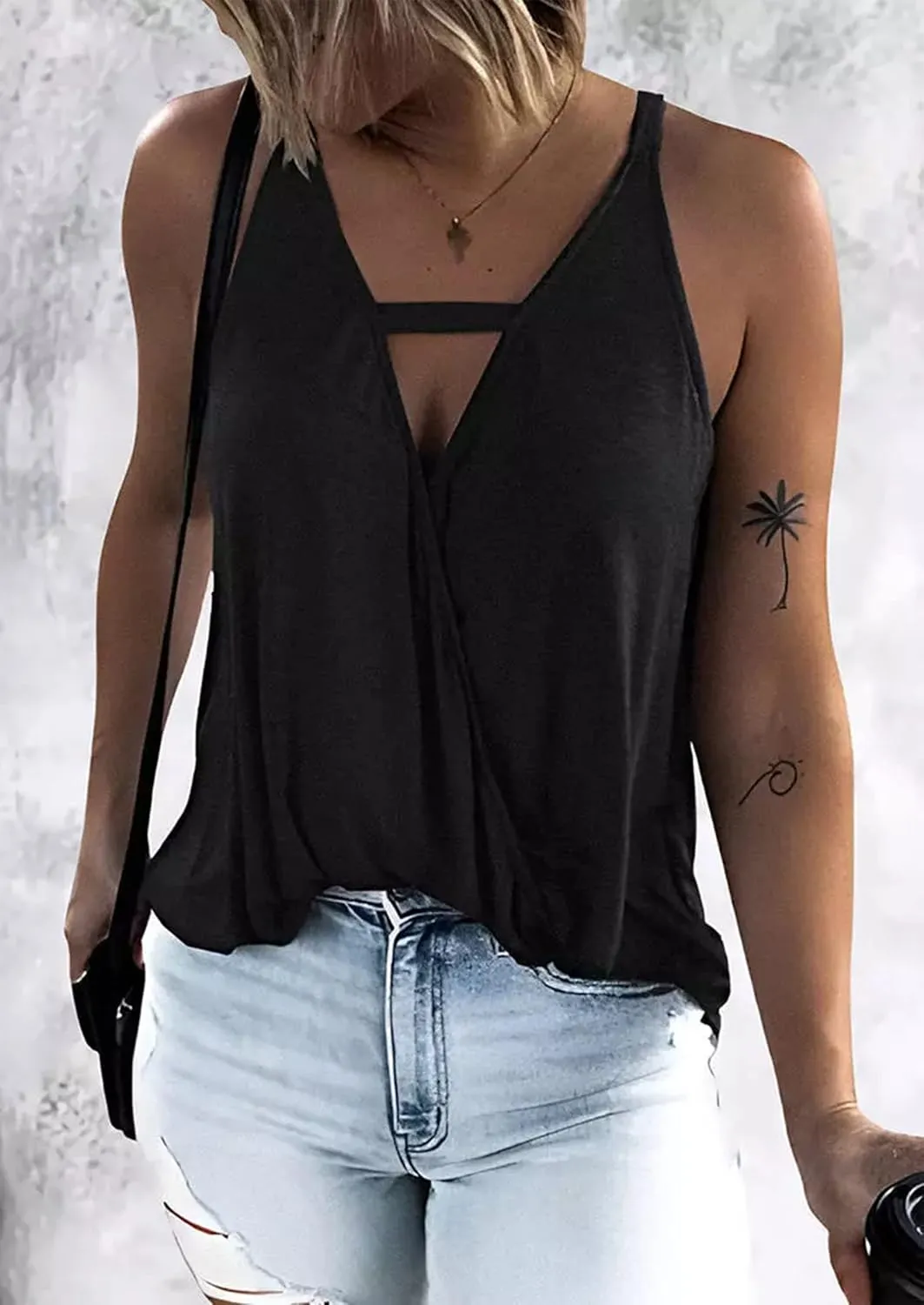 MHTOR Hollow Out Wrap Sleeveless Camisole Summer Vacation Loose Tank Top Holiday Sleeveless Shirt Casual Vest Women Tank Top