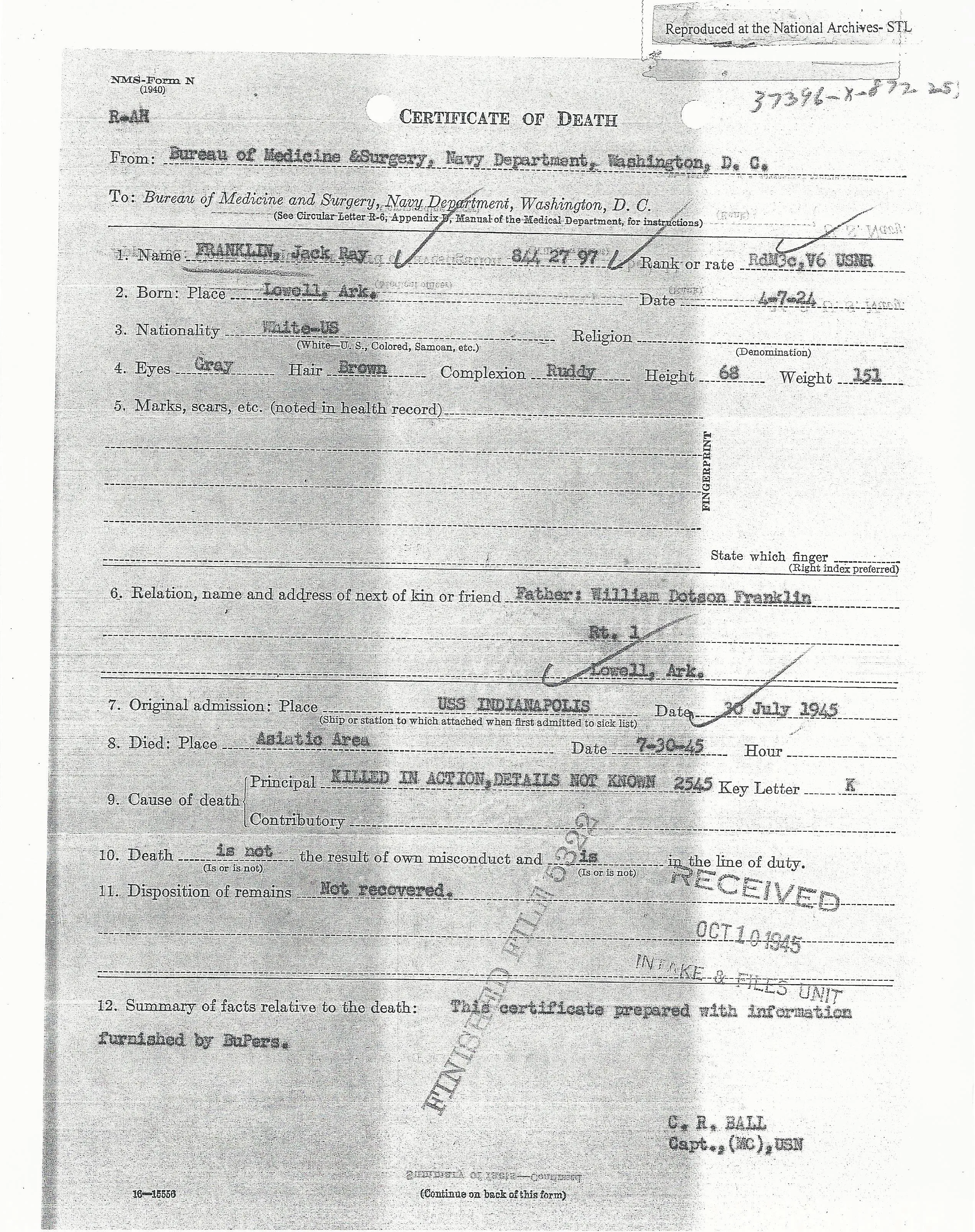 Original U.S. WWII USS Indianapolis KIA Named Purple Heart Medal with Documentation