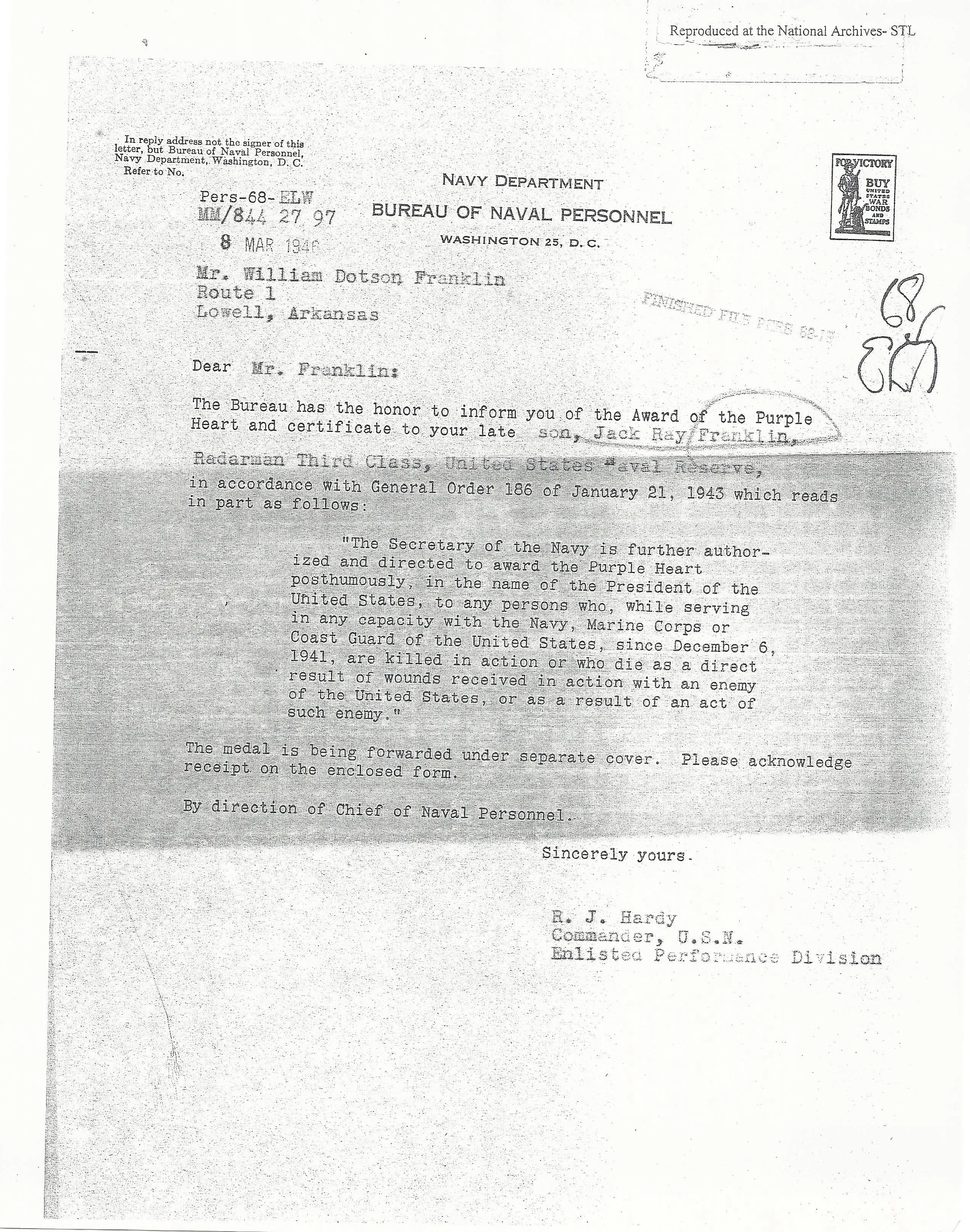 Original U.S. WWII USS Indianapolis KIA Named Purple Heart Medal with Documentation