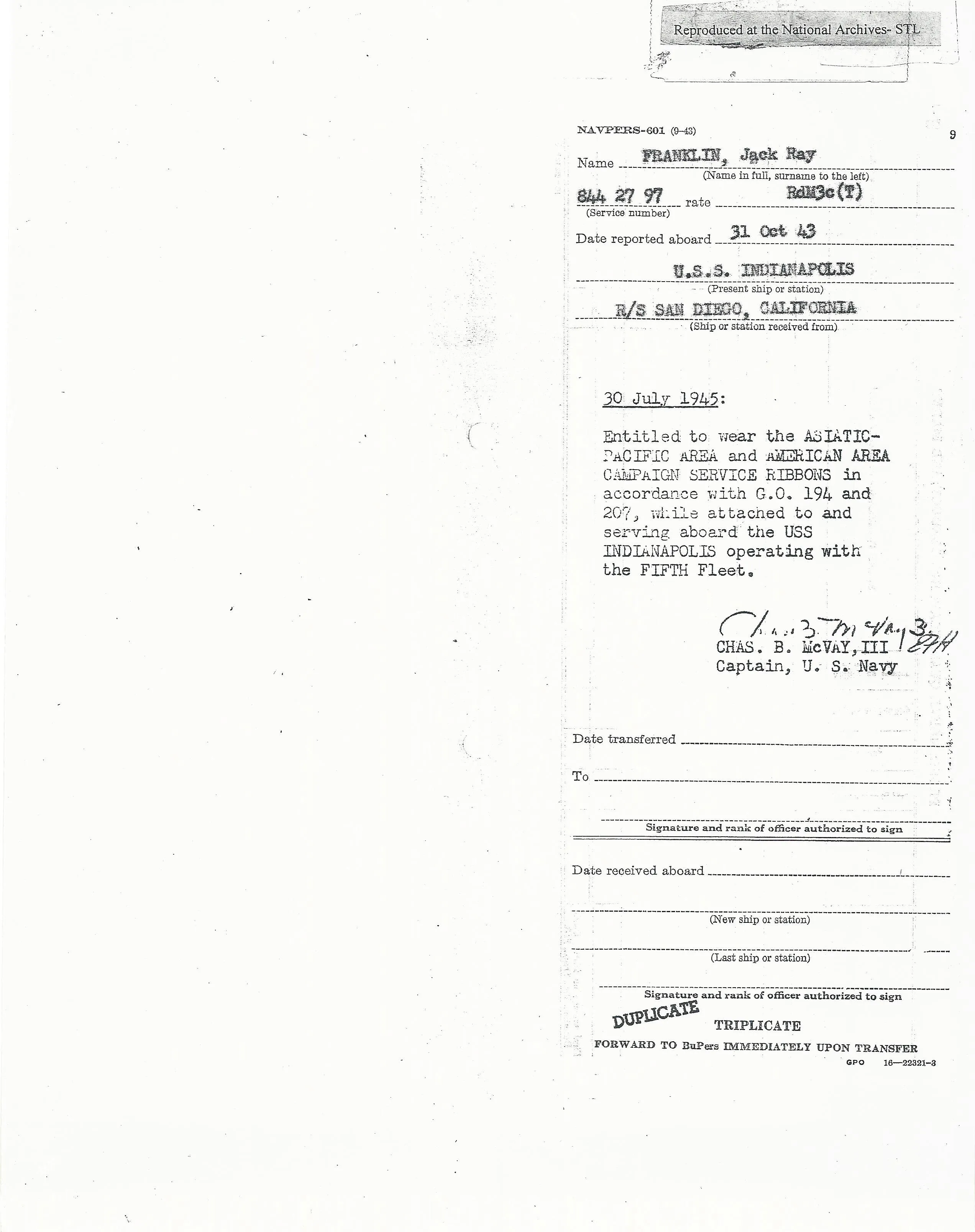 Original U.S. WWII USS Indianapolis KIA Named Purple Heart Medal with Documentation