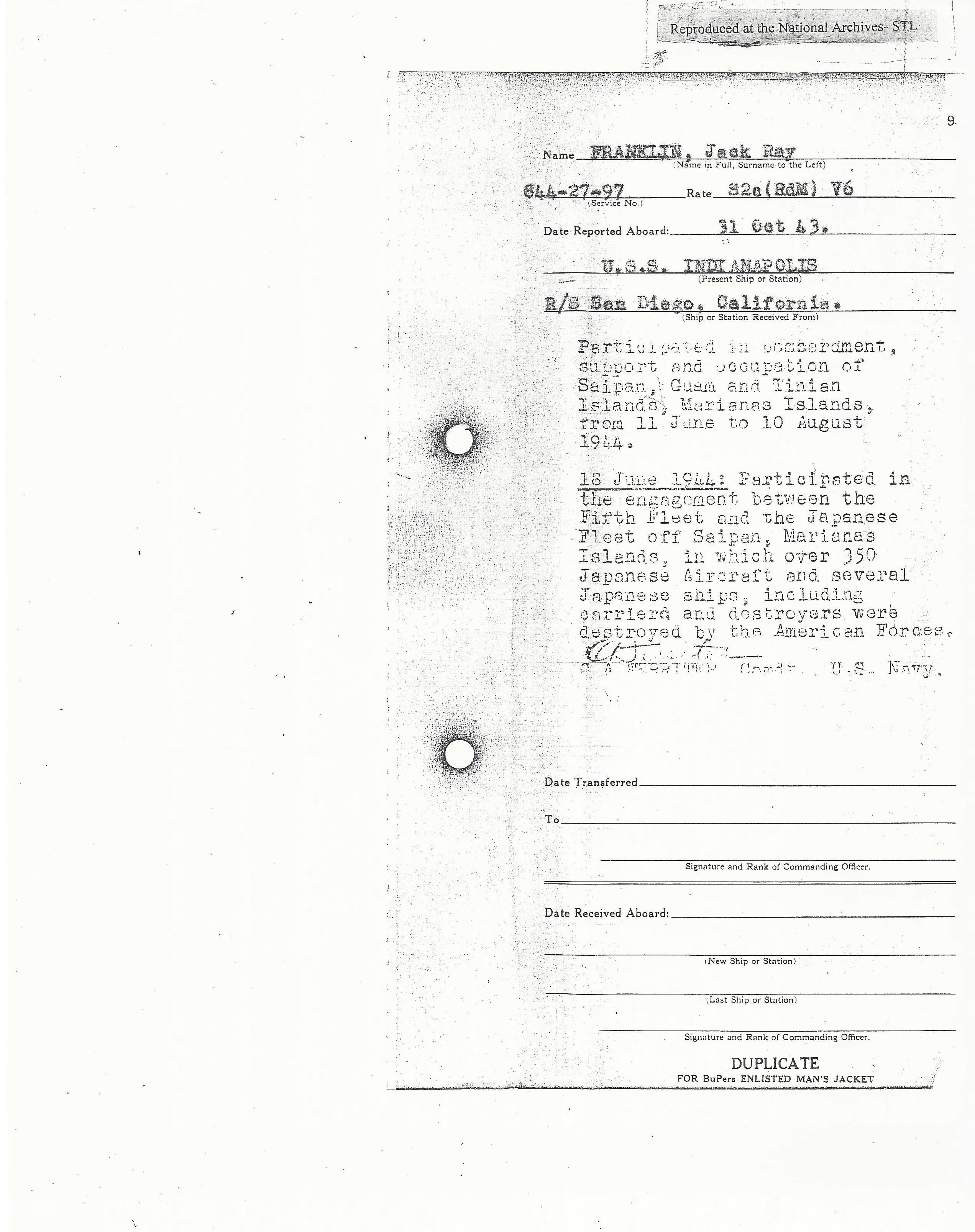 Original U.S. WWII USS Indianapolis KIA Named Purple Heart Medal with Documentation