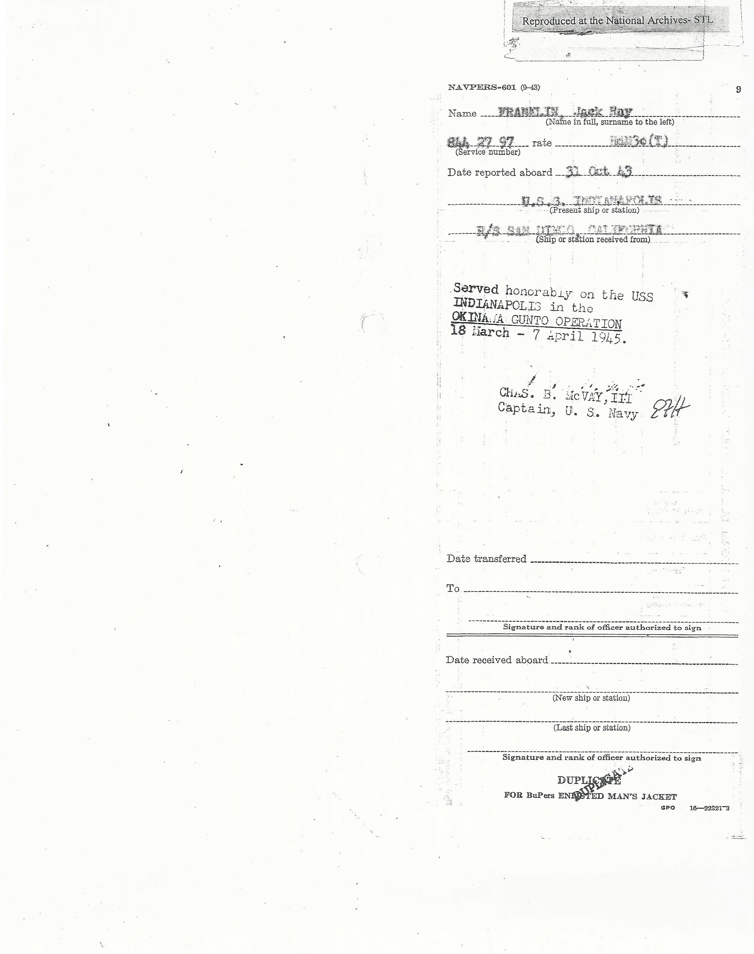 Original U.S. WWII USS Indianapolis KIA Named Purple Heart Medal with Documentation