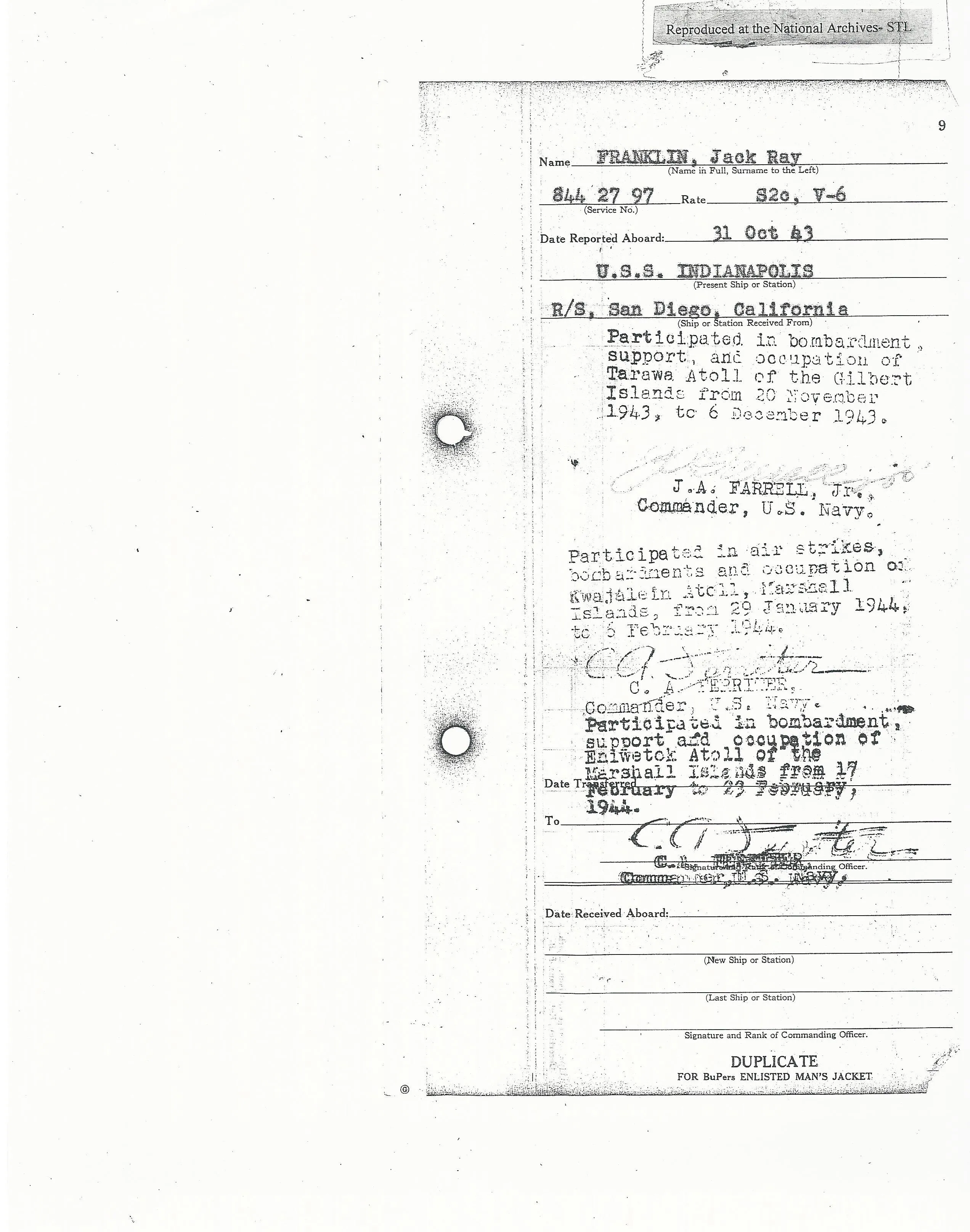Original U.S. WWII USS Indianapolis KIA Named Purple Heart Medal with Documentation