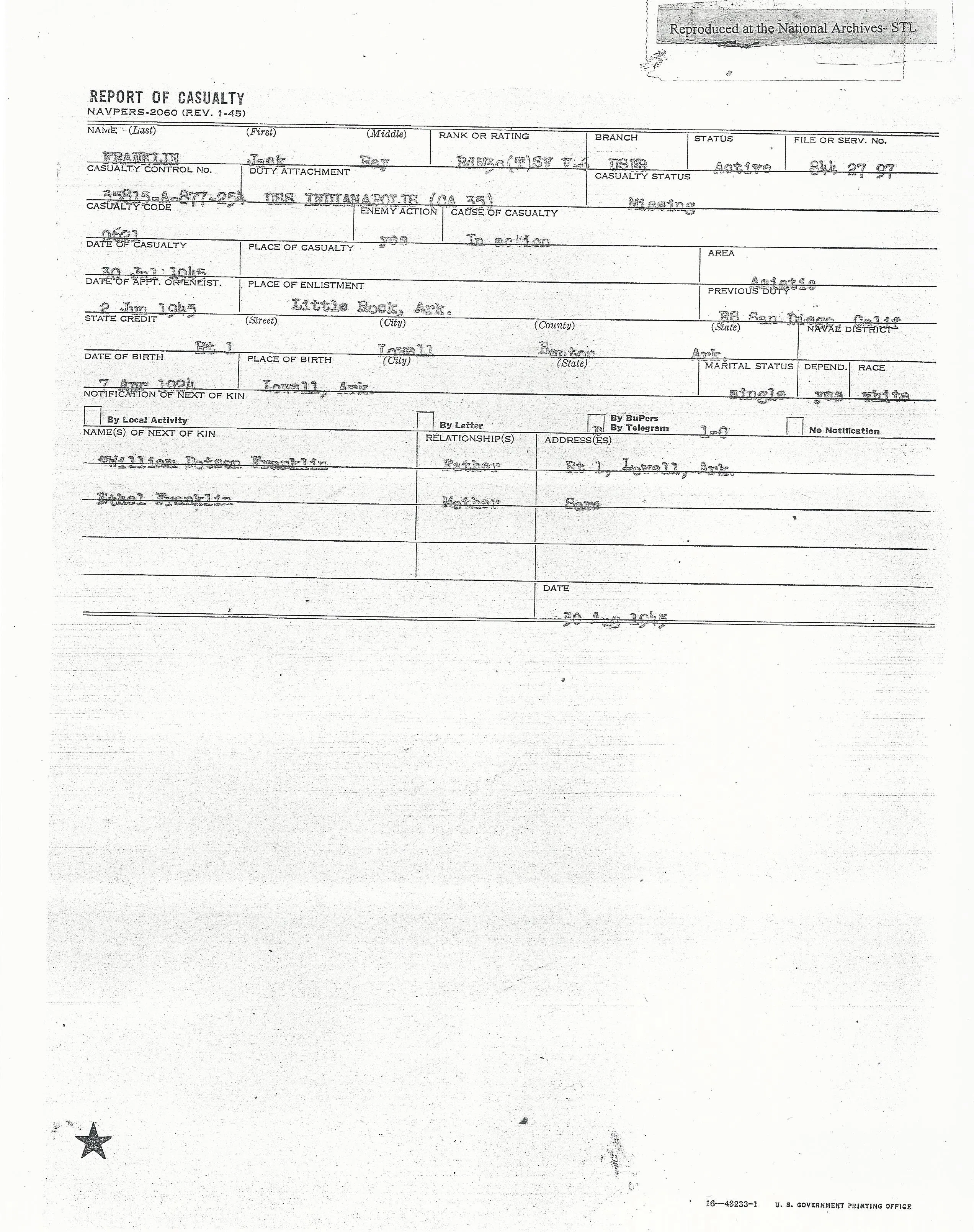 Original U.S. WWII USS Indianapolis KIA Named Purple Heart Medal with Documentation