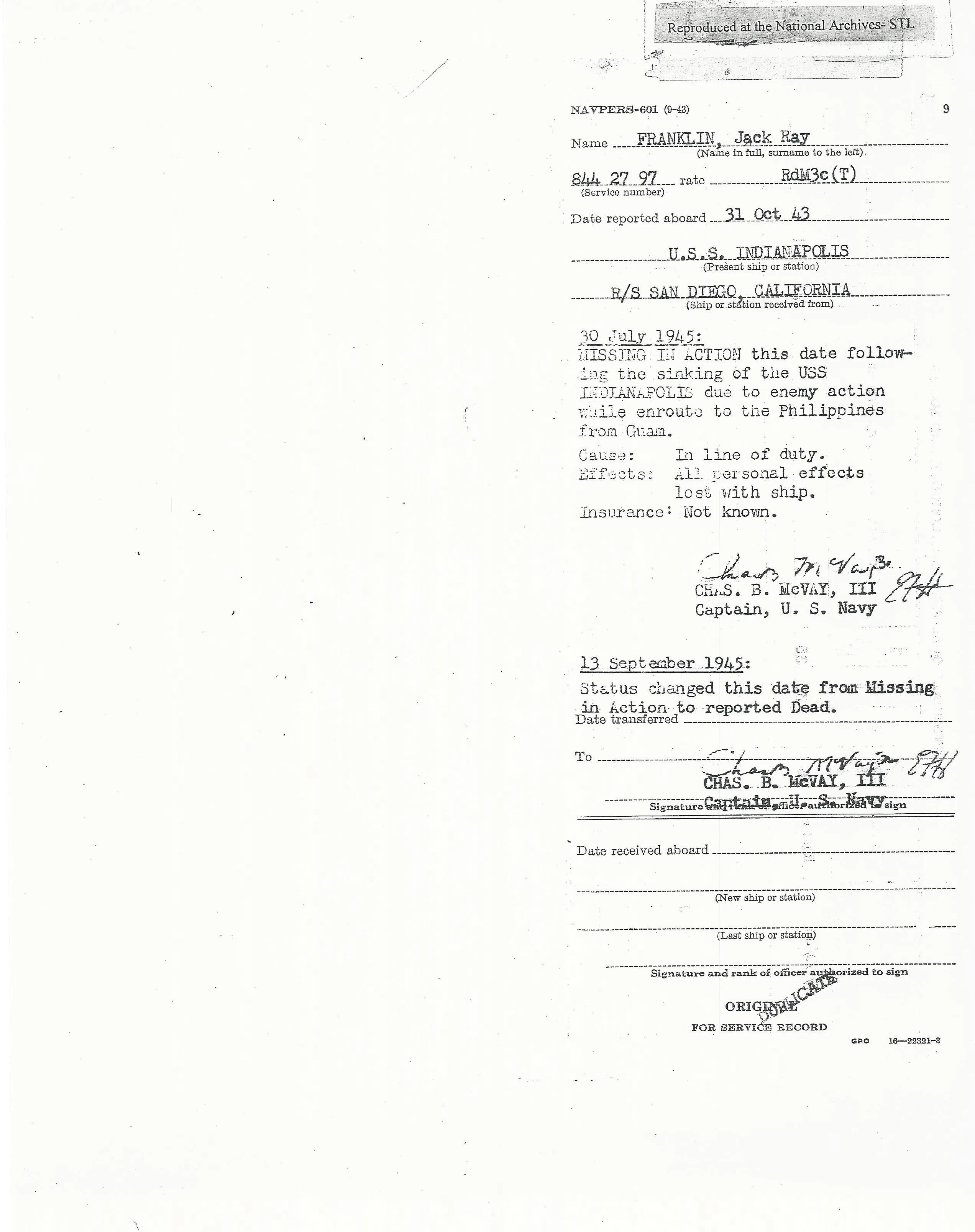 Original U.S. WWII USS Indianapolis KIA Named Purple Heart Medal with Documentation