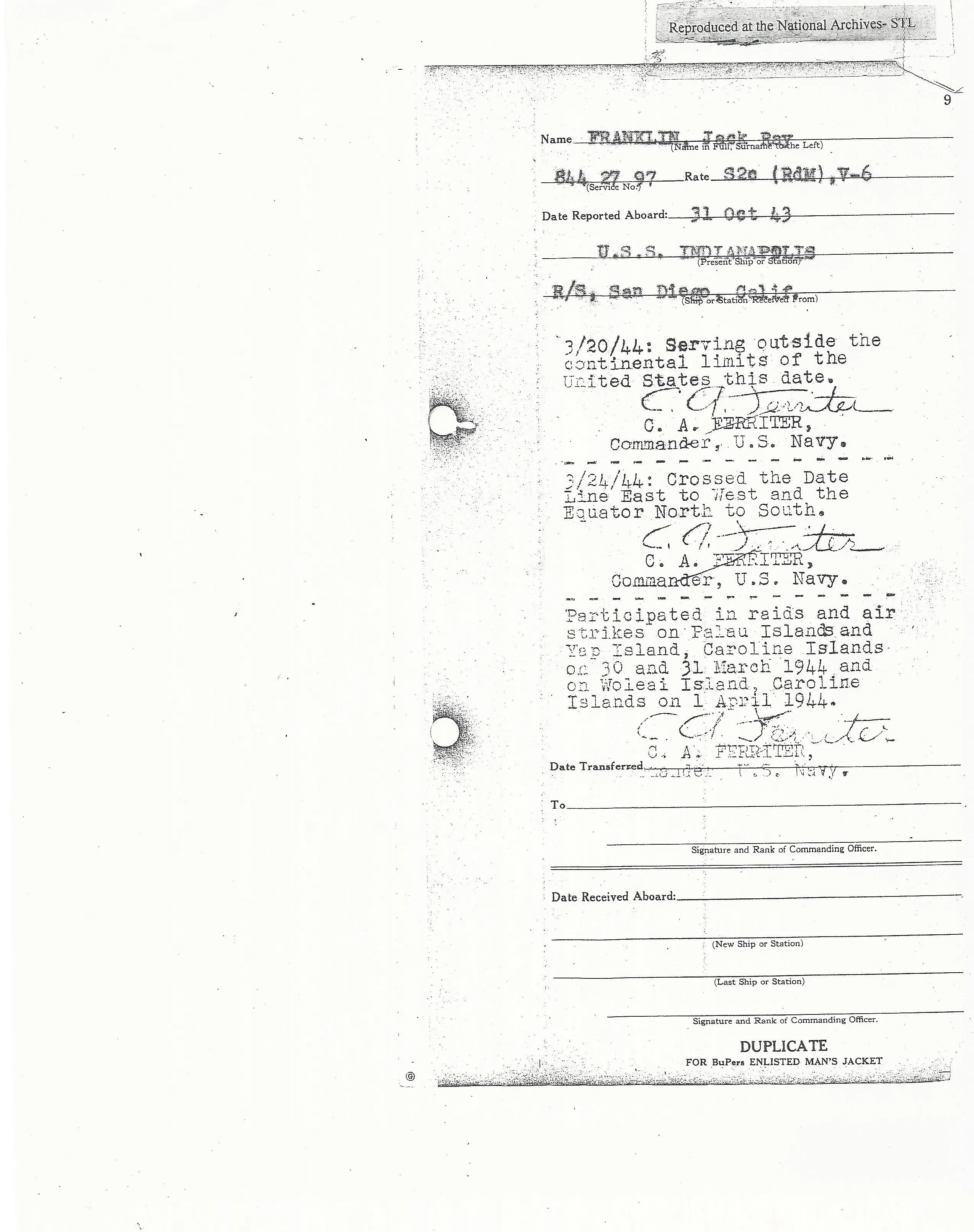 Original U.S. WWII USS Indianapolis KIA Named Purple Heart Medal with Documentation