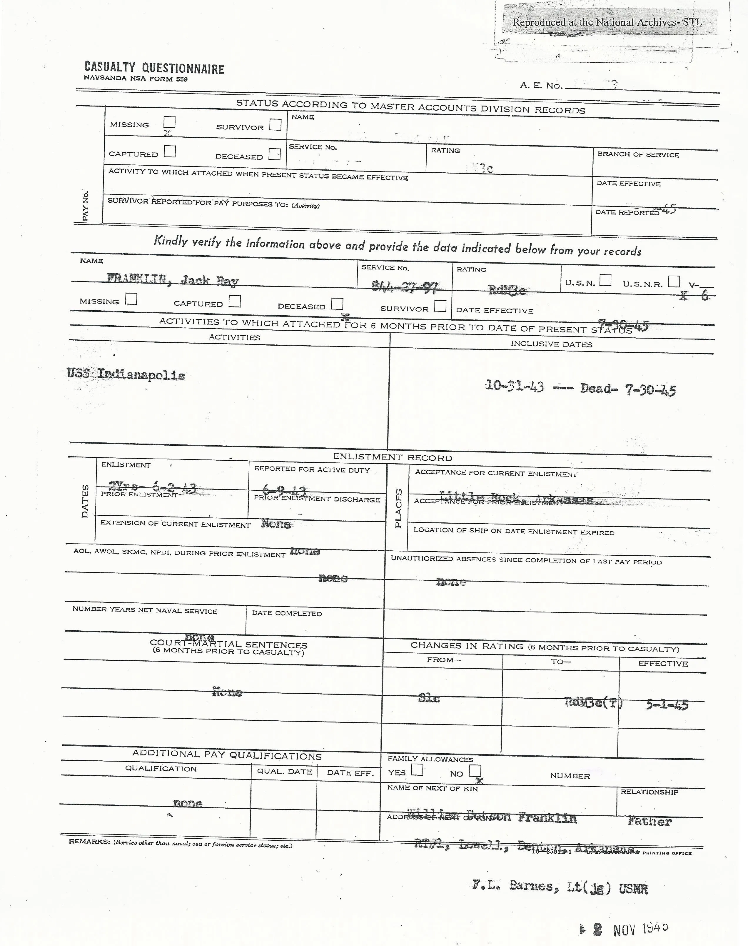 Original U.S. WWII USS Indianapolis KIA Named Purple Heart Medal with Documentation