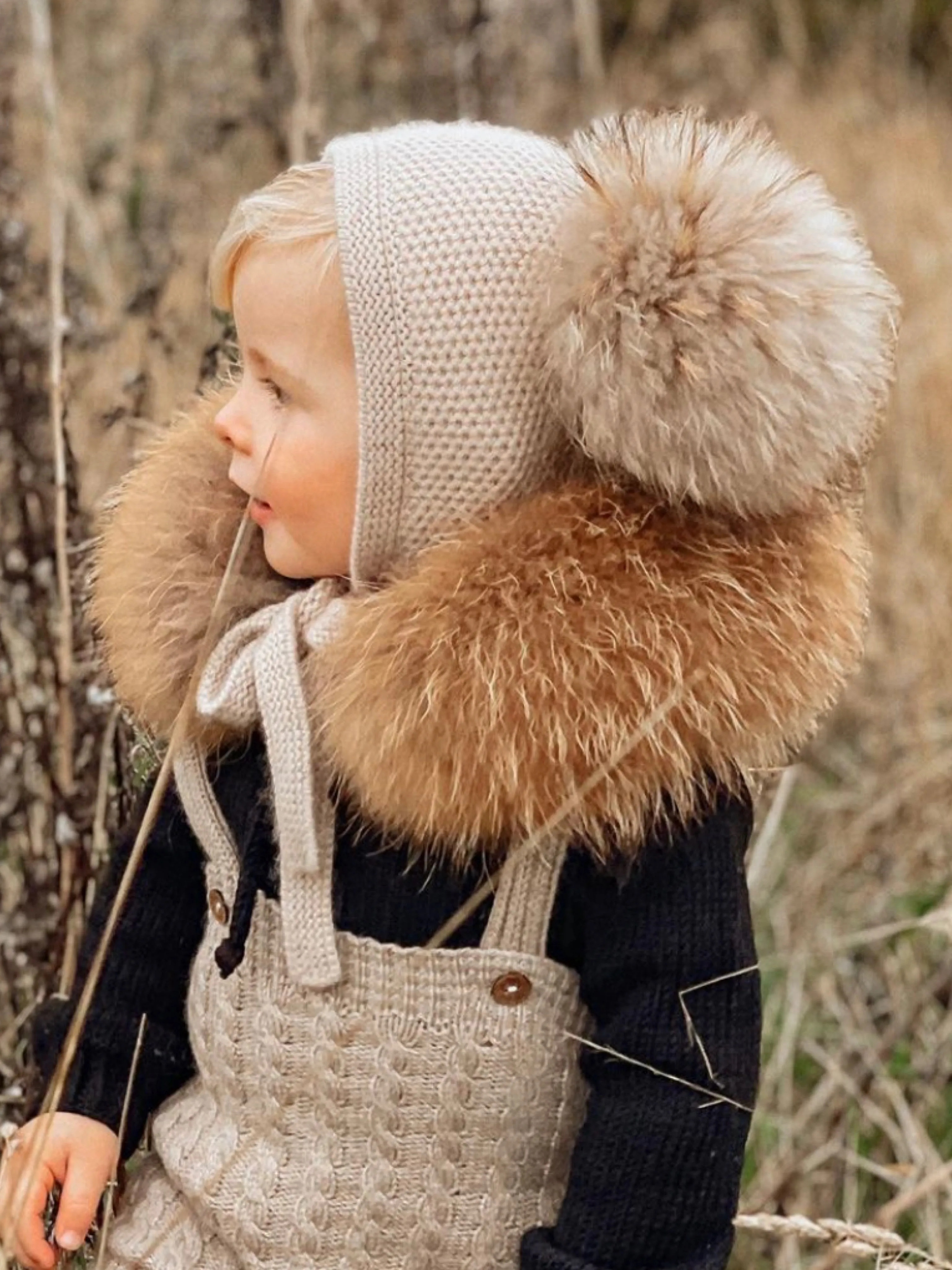 Petite Maison Kids Beige Honeycomb Cashmere Fur Bonnet