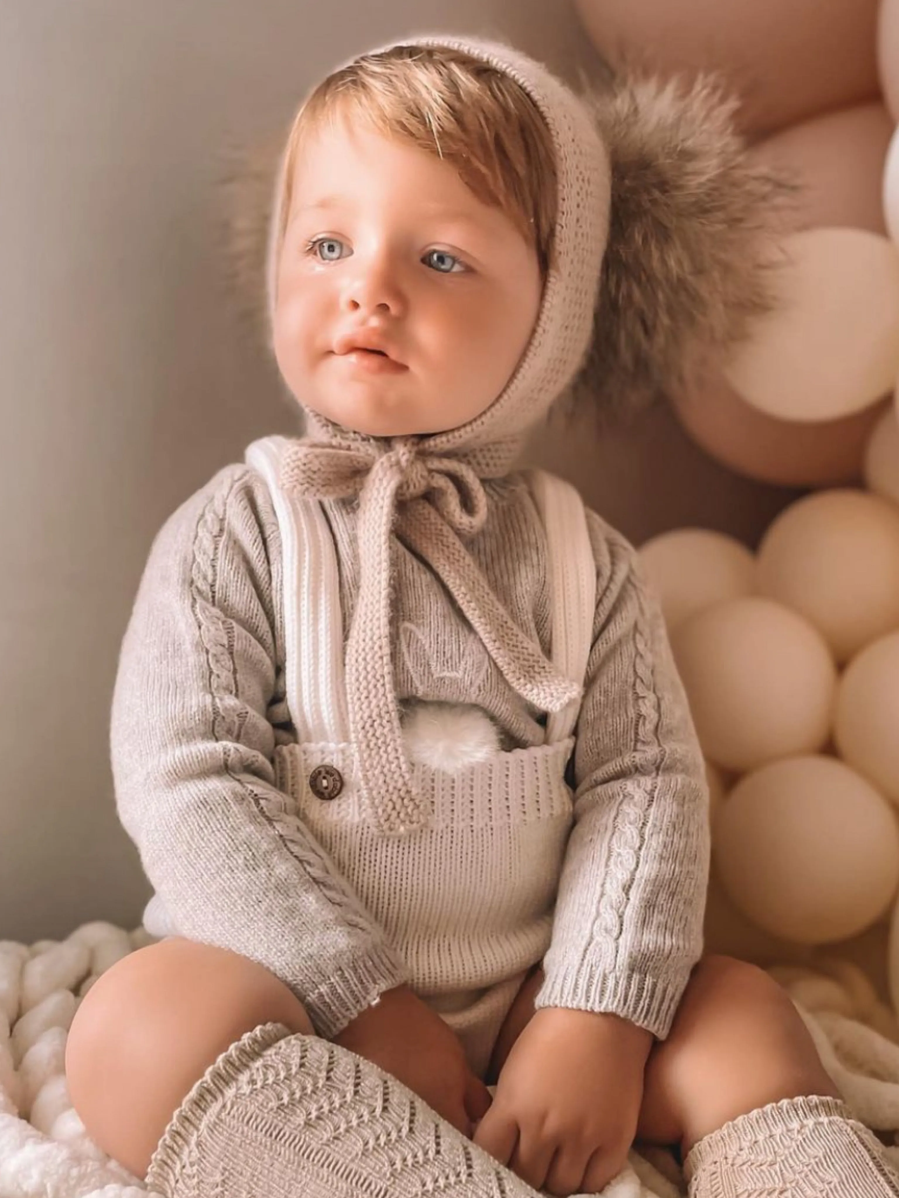 Petite Maison Kids Beige Honeycomb Cashmere Fur Bonnet