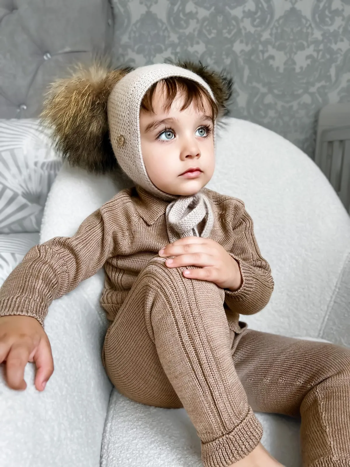 Petite Maison Kids Beige Honeycomb Cashmere Fur Bonnet