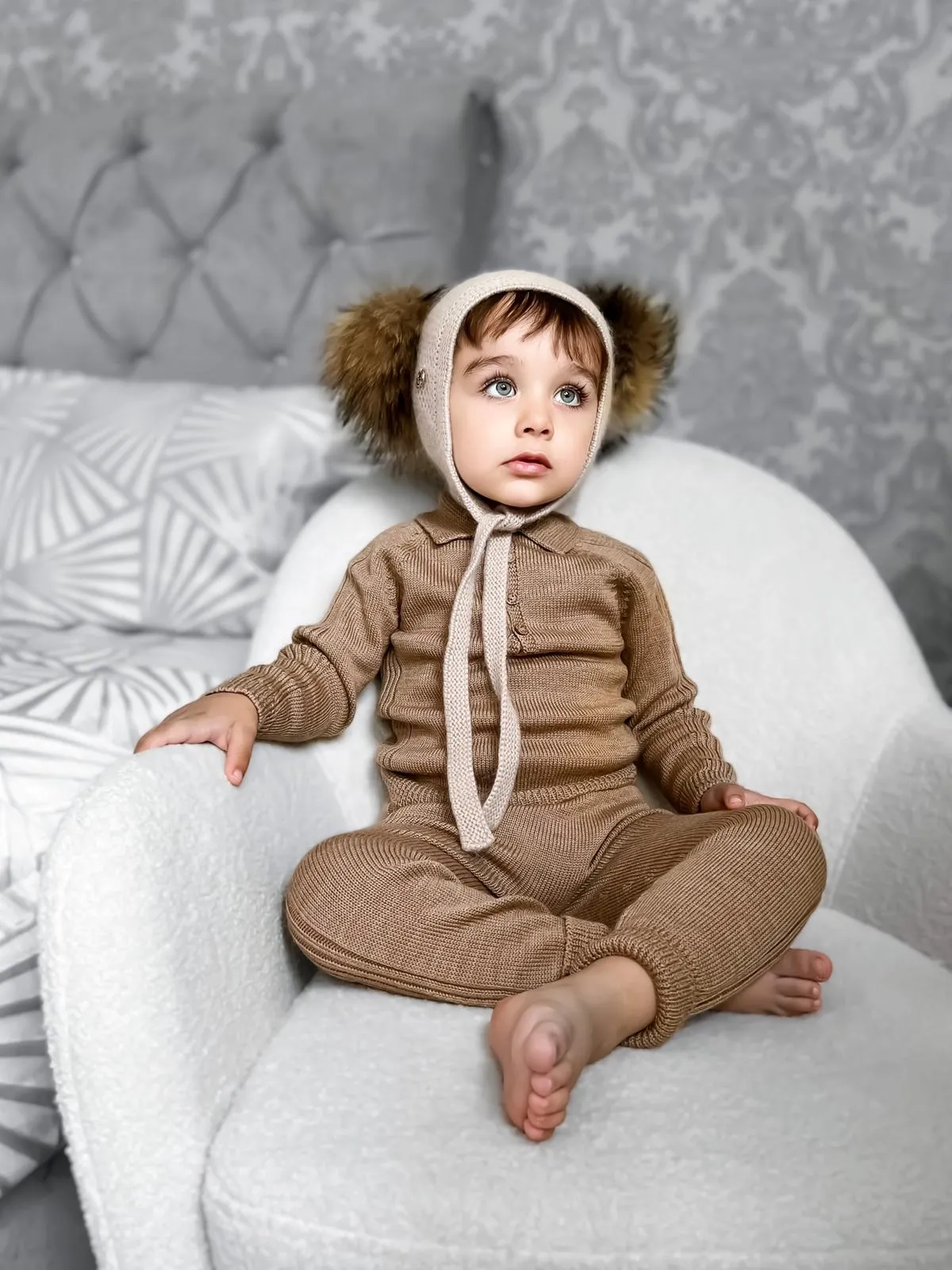 Petite Maison Kids Beige Honeycomb Cashmere Fur Bonnet