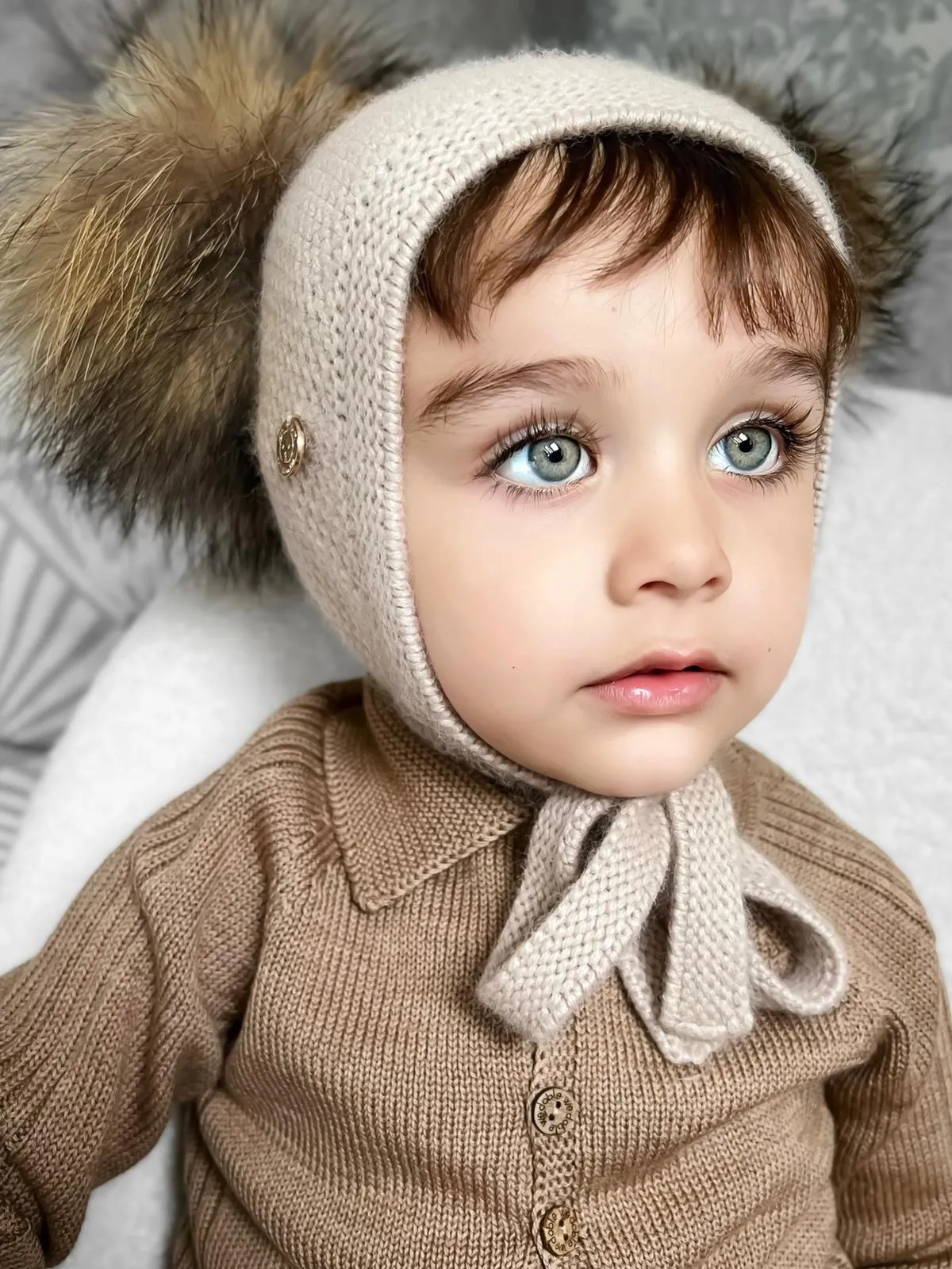 Petite Maison Kids Beige Honeycomb Cashmere Fur Bonnet