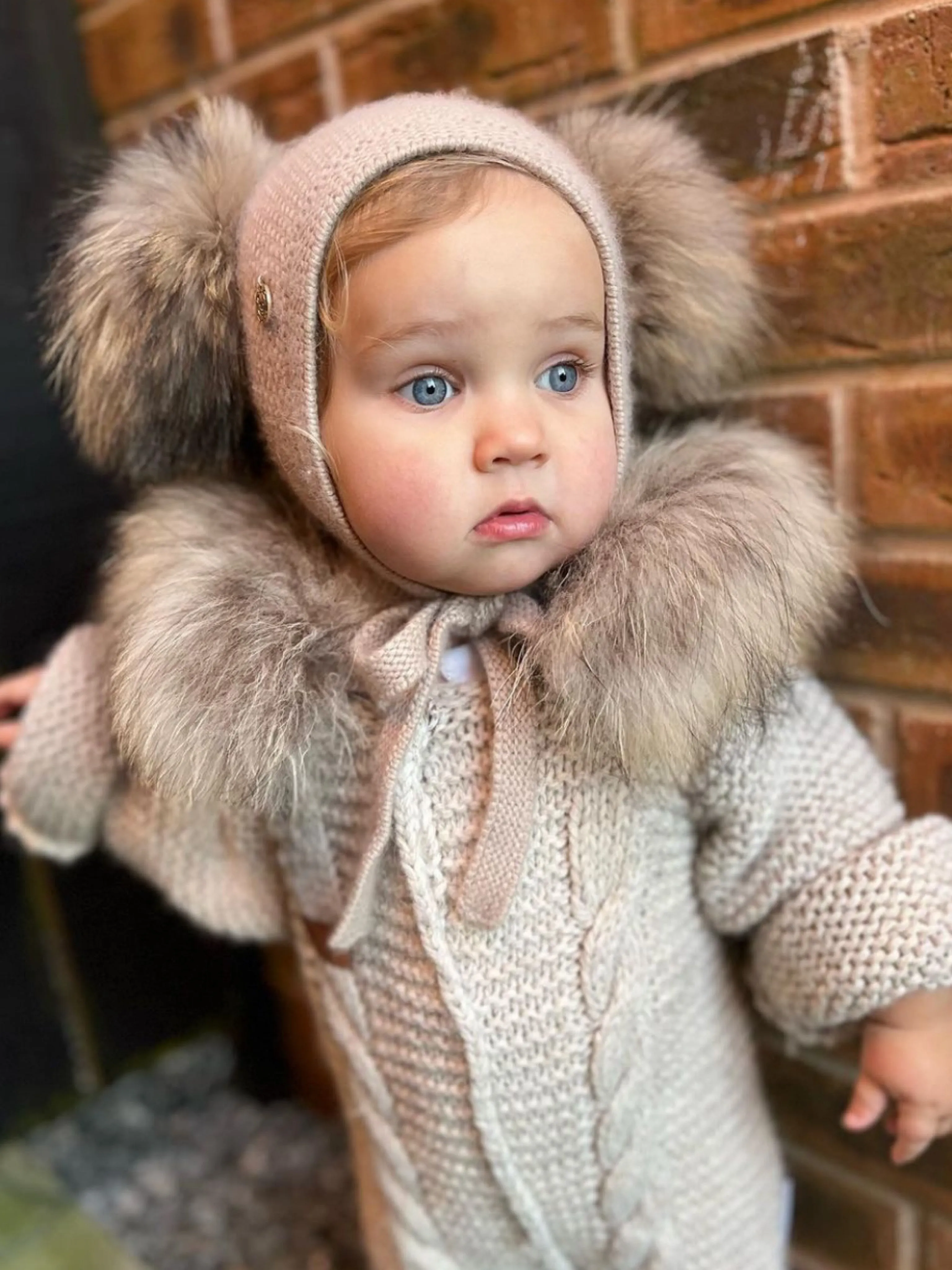 Petite Maison Kids Beige Honeycomb Cashmere Fur Bonnet