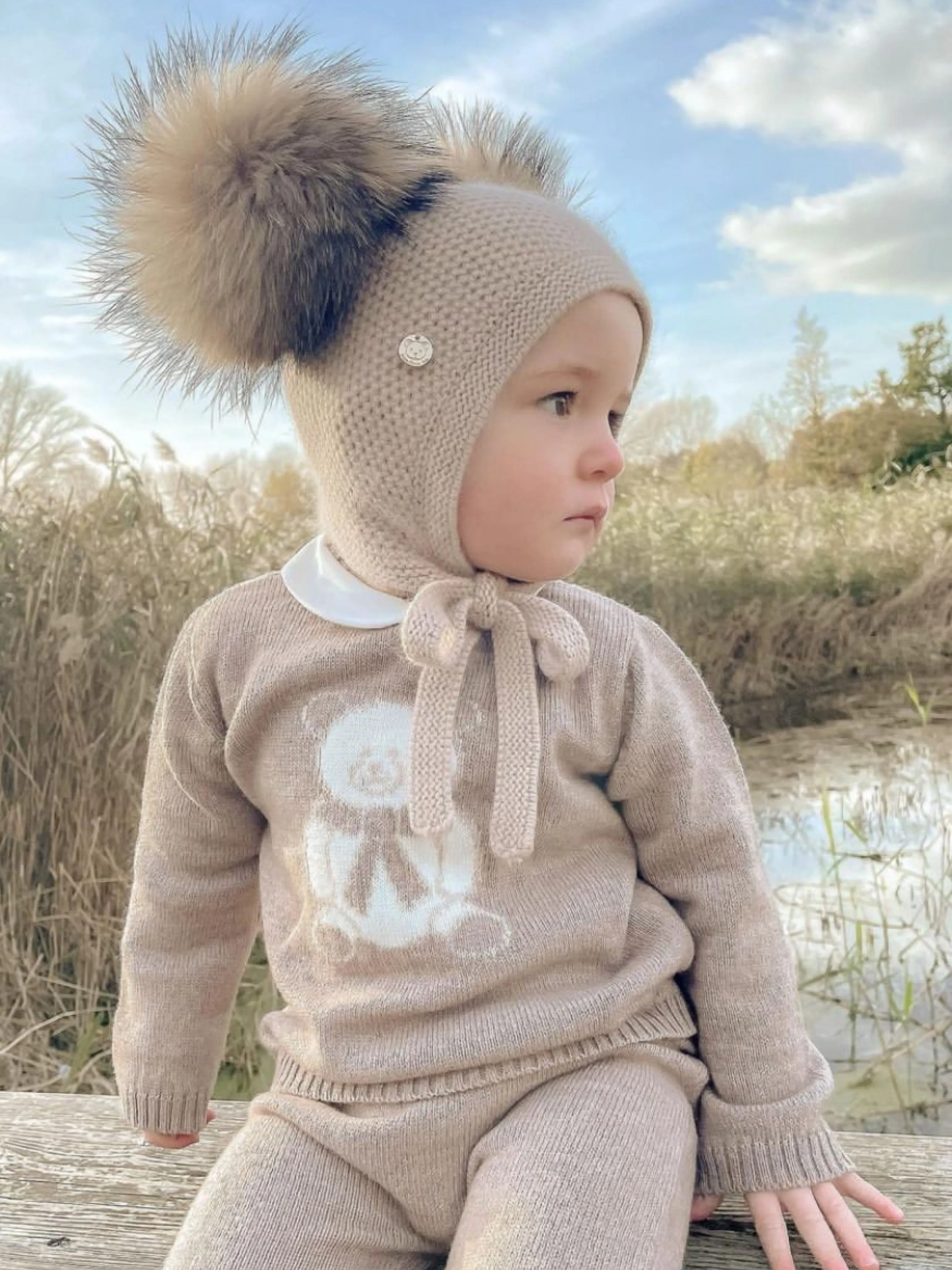 Petite Maison Kids Beige Honeycomb Cashmere Fur Bonnet