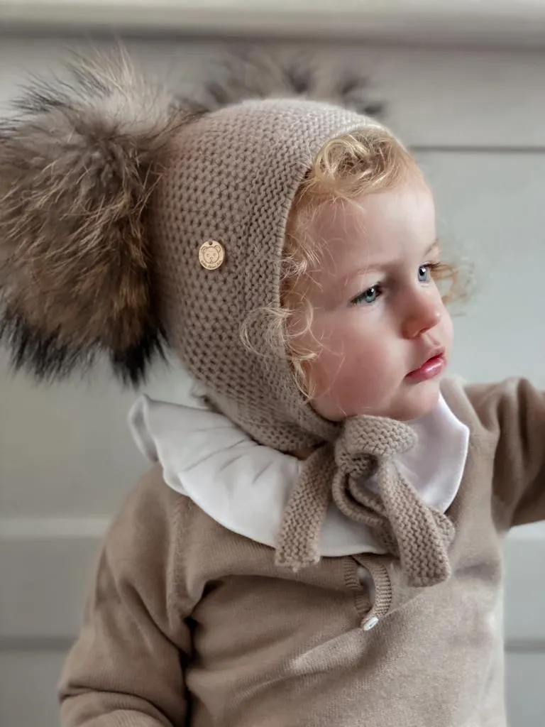 Petite Maison Kids Beige Honeycomb Cashmere Fur Bonnet