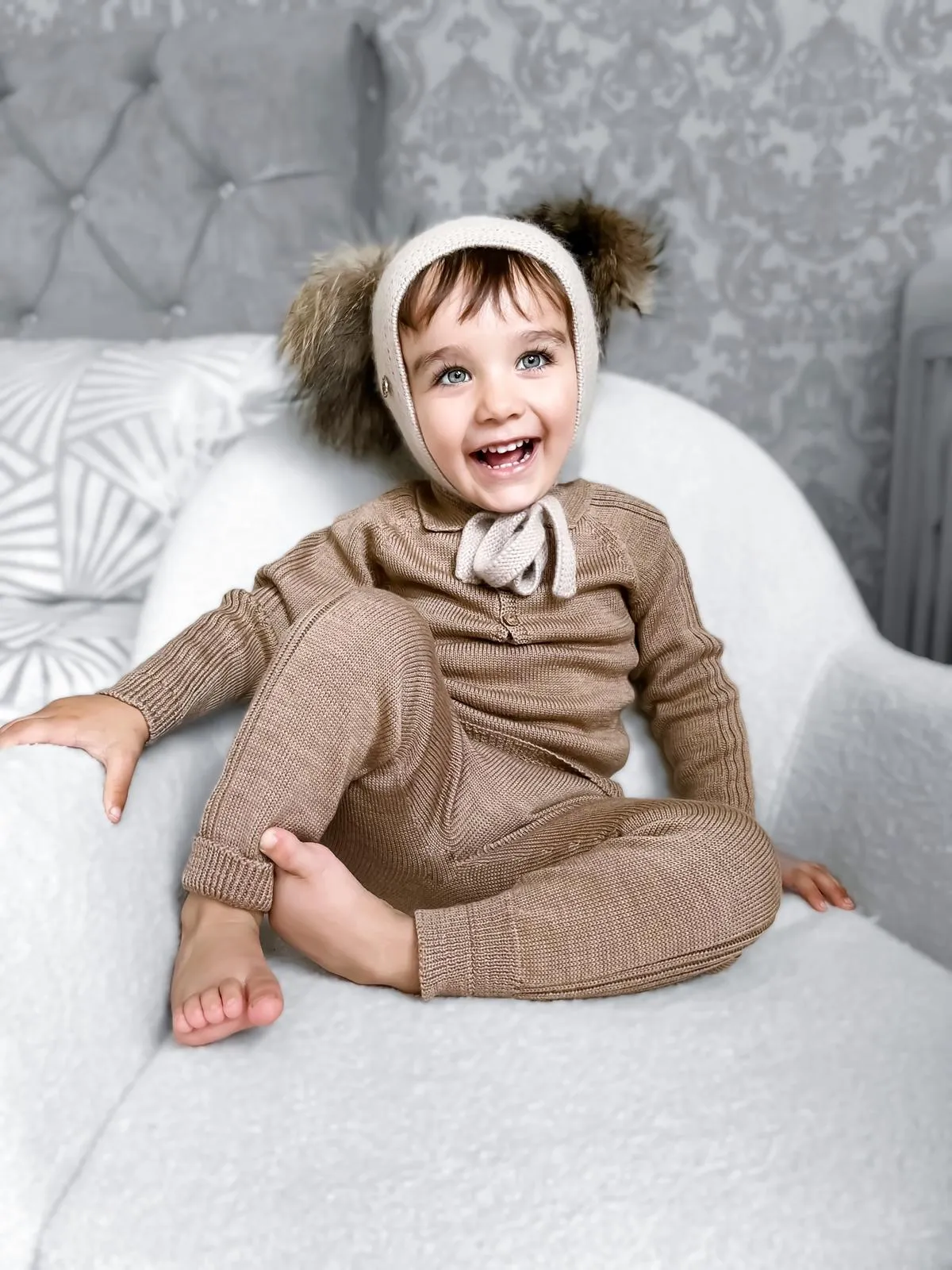 Petite Maison Kids Beige Honeycomb Cashmere Fur Bonnet