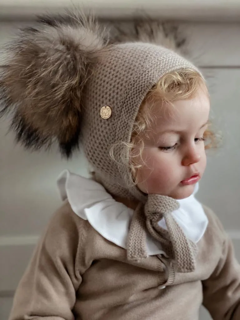 Petite Maison Kids Beige Honeycomb Cashmere Fur Bonnet