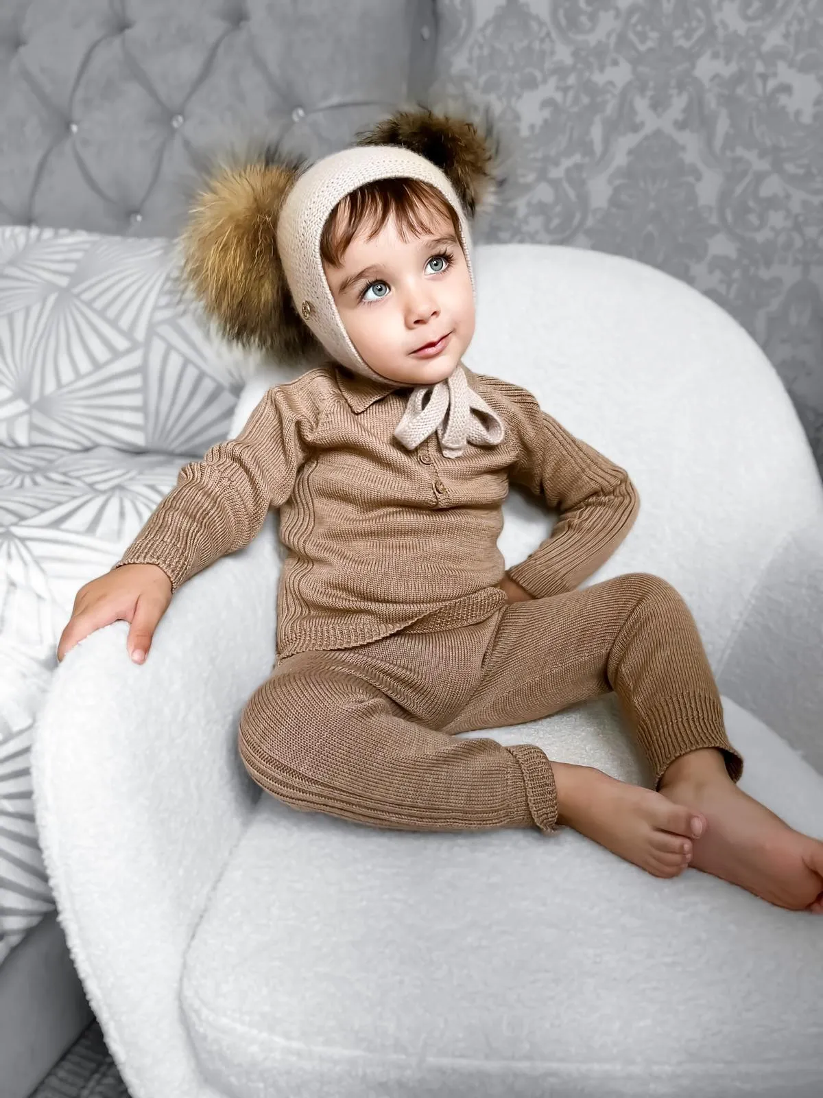 Petite Maison Kids Beige Honeycomb Cashmere Fur Bonnet