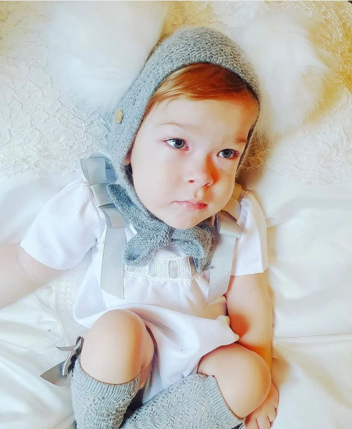 Petite Maison Kids Grey Honeycomb Cashmere Bonnet with Faux Fur Pom