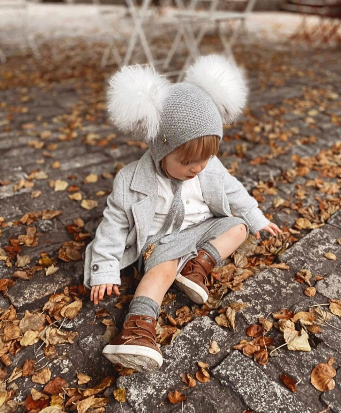 Petite Maison Kids Grey Honeycomb Cashmere Bonnet with Faux Fur Pom