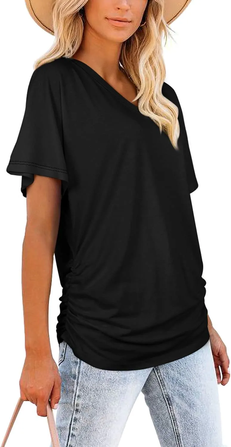 WIHOLL Womens Short Sleeve V Neck Dolman Tops with Side Shirring Loose Fit Shirts