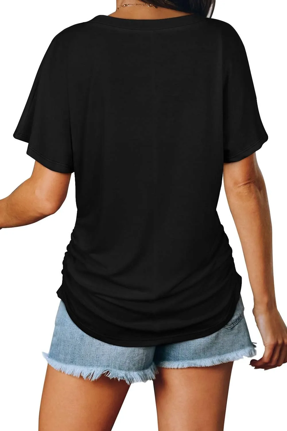 WIHOLL Womens Short Sleeve V Neck Dolman Tops with Side Shirring Loose Fit Shirts