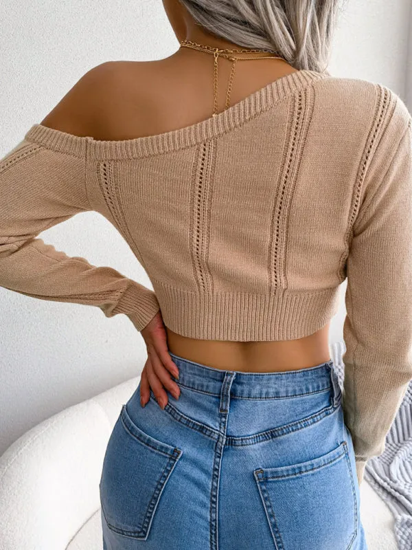 Women's casual hollow out off shoulder long sleeve off navel sweater