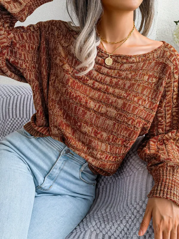 Women's fashion color fried dough twist long sleeve off shoulder knitted sweater