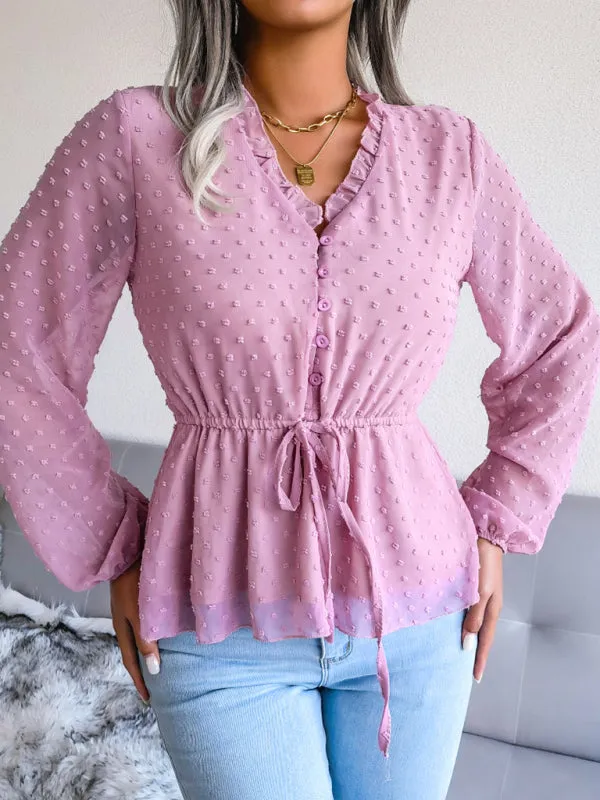 Women's Lantern Long Sleeve Ruffle lace up waist wave point Chiffon Top