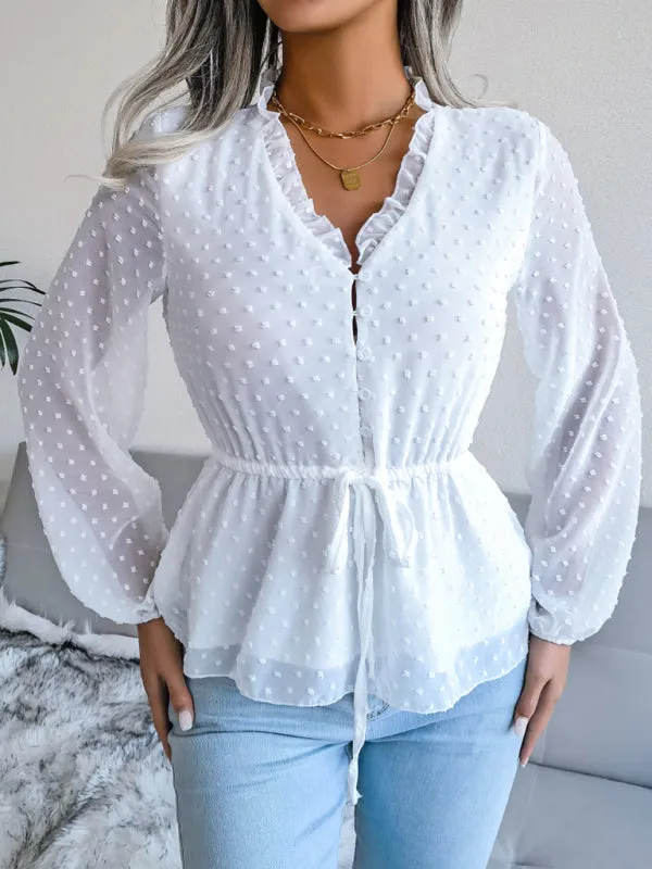 Women's Lantern Long Sleeve Ruffle lace up waist wave point Chiffon Top