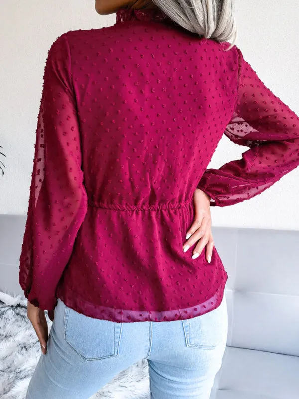 Women's Lantern Long Sleeve Ruffle lace up waist wave point Chiffon Top
