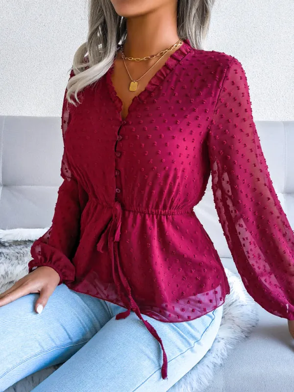 Women's Lantern Long Sleeve Ruffle lace up waist wave point Chiffon Top