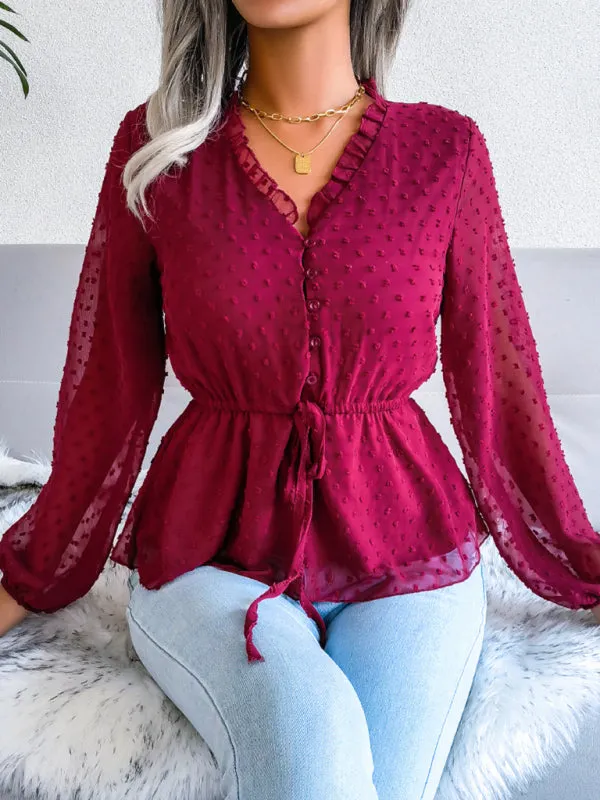 Women's Lantern Long Sleeve Ruffle lace up waist wave point Chiffon Top