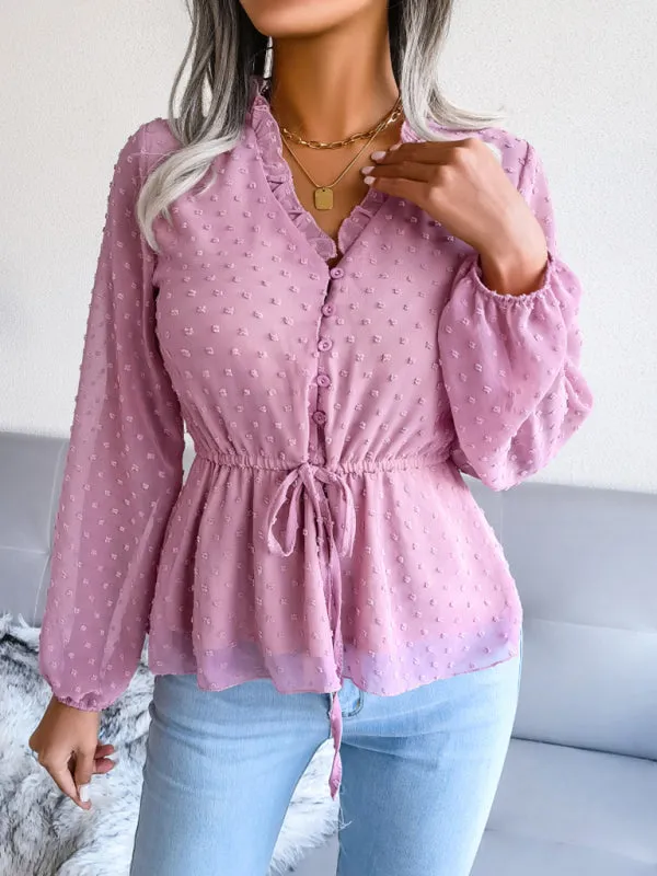 Women's Lantern Long Sleeve Ruffle lace up waist wave point Chiffon Top