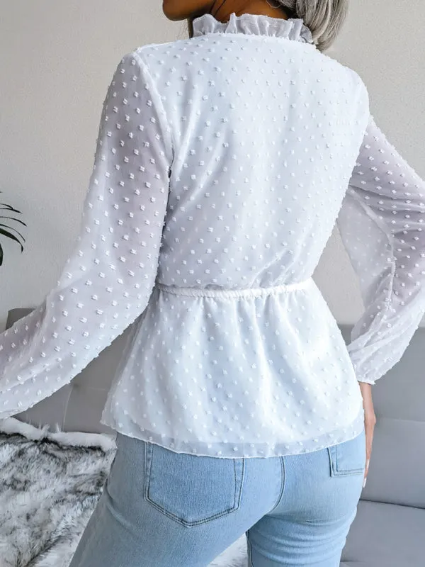 Women's Lantern Long Sleeve Ruffle lace up waist wave point Chiffon Top