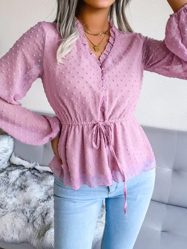 Women's Lantern Long Sleeve Ruffle lace up waist wave point Chiffon Top