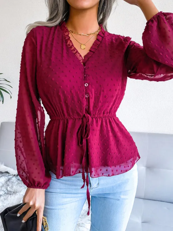 Women's Lantern Long Sleeve Ruffle lace up waist wave point Chiffon Top
