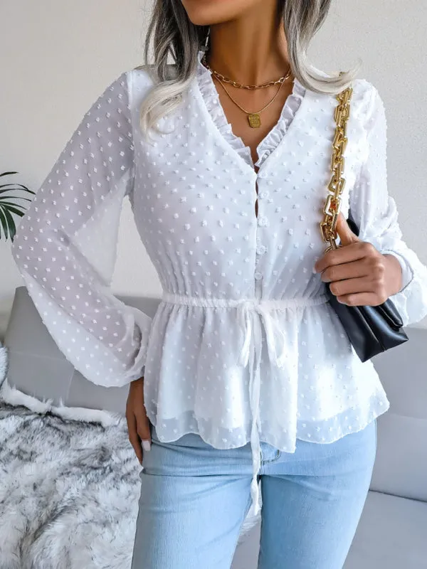 Women's Lantern Long Sleeve Ruffle lace up waist wave point Chiffon Top