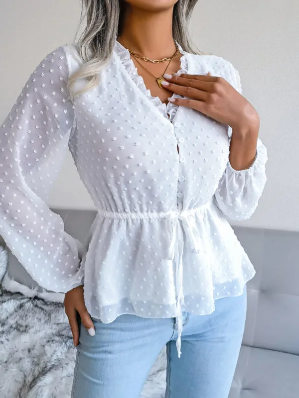 Women's Lantern Long Sleeve Ruffle lace up waist wave point Chiffon Top