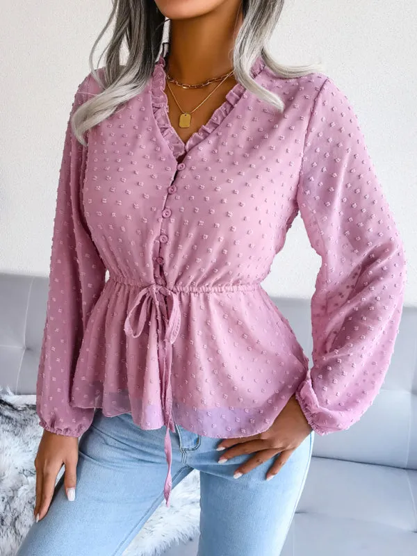 Women's Lantern Long Sleeve Ruffle lace up waist wave point Chiffon Top